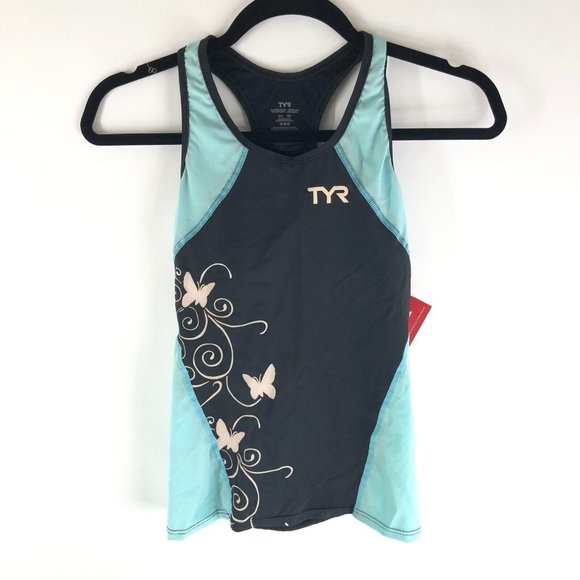 TYR Womens Competitor Triathalon Top Moisture Wick UPF 50+ Pocket Black Blue XS - Picture 1 of 5